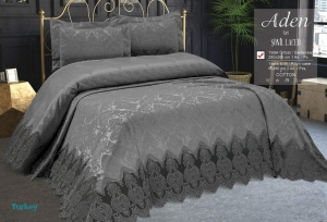 ПОКРЫВАЛО ЖАККАРДОВОЕ С КРУЖЕВОМ 240*260 (TM KC ALDEN ) SONIL LACED GRI, ТУРЦИЯ артикул 17448 ― Мир Текстиля